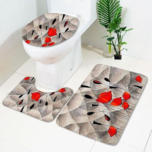 Badezimmerteppich Retro Rote Blume WC Vorleger mit Ausschnitt WC Deckelbezug 3 Teiliges WC Teppich rutschfeste Badgarnitur U förmiger Badematte Waschbar Bad Teppiche Set 50x80 cm