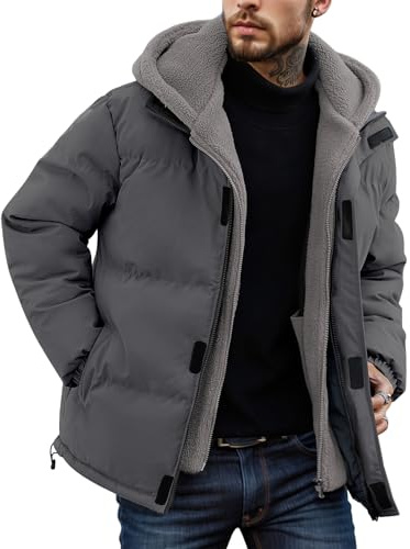 XYXYING Men's Hooded Winter Puffer Jacket, Windproof Thermal Coat with Easy Hook-and-Loop Closure