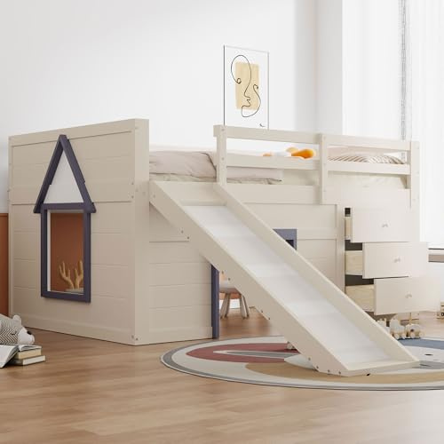 Huayz Cama alta para niños de 90 x 200 cm con protección anticaída y espacio bajo la cama, cama alta con tobogán y escalera, litera de madera con cajones y ventana, color crema, sin colchón (140 x 200