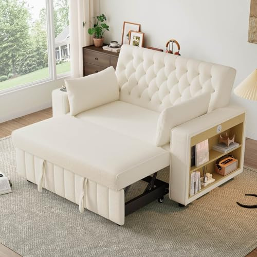 PUGSDRLY Canapé d'angle Convertible 2 Places avec Dossier Réglable,Canapé Lit 2 Places avec Port USB,Porte-gobelet,2 Coussins,pour Salon,Chambre,Appartement,Chenille(C-Beige)