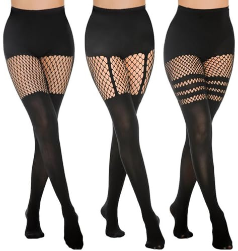 SNDE Juego de 3 pares de medias de red para mujer, medias con tirantes, medias de red falsas, medias altas hasta el muslo, medias opacas negras para mujer, patrón de moda