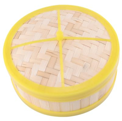NUOBESTY Vaporiera in bambù da 20 cm, bordo giallo, cestino e coperchio a livello singolo, cottura a vapore tradizionale cinese per Dim Sum, gnocchi, panini e verdure
