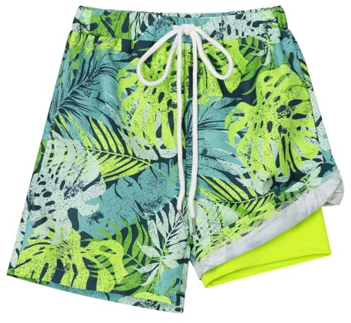 Hotfiary Boys Swim Shorts with Anti Chafe Liner,Green,8-9 Years