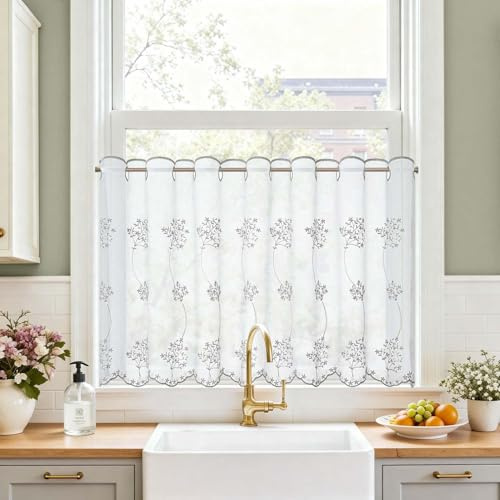 TOPICK Skivgardin kök genomskinlig bistrogardin vardagsrum moderna köksgardiner gardin halsdukar fönstergardin kort gardin för kök köksfönster lantlig stil 1 st B 145 x H 60 cm grå