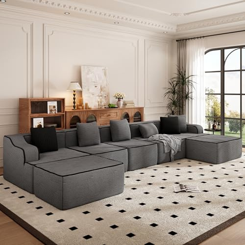 PHI VILLA Modular Boneless Couch, U-Shaped 7 Seater Cloud Sofa for Living Room, Foam Compressed Corner Sectional Sofas with Deep Seat and 6 Pillows, No Assembly Required, Corduroy Grey