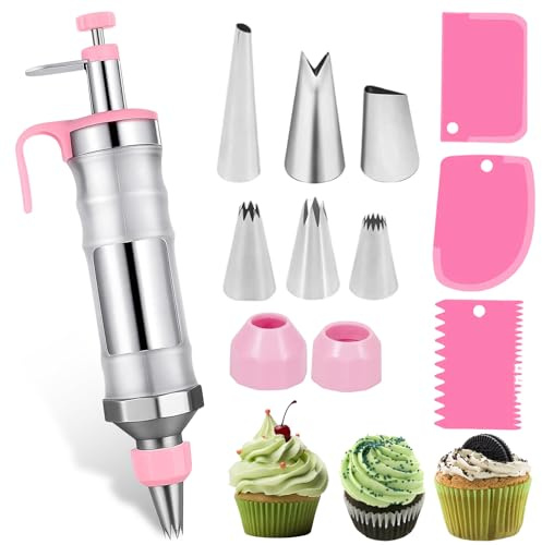 Siringa per torte, in acciaio inox, con 6 beccucci, per torte, per decorare torte, ciambelle, cupcake, pasticcini (rosa)