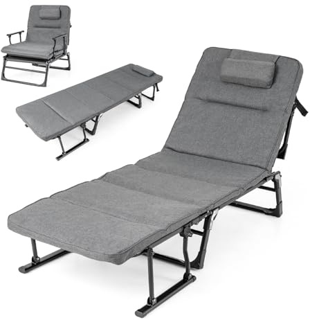 COSTWAY Lit de Camp Pliable 1 Personne, Fauteuil Convertible, Dossier Réglable à 6 Positions, Coussin Intégré, Cadre en Métal, Lit Pliante pour Camping Cour Bureau, Charge 200 kg