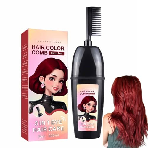Pettine 3 in 1 per colorare i capelli con spazzola integrata, tintura per capelli portatile, tintura per capelli con estratto vegetale, copertura delicata dei capelli grigi, facile da usare (rosso