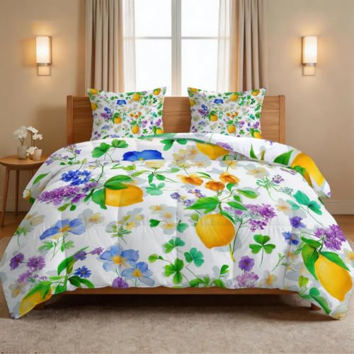 Generisch Piumino 200 x 220 cm, 4 stagioni, trapunta estiva per bambini, lavabile, senza rivestimento, motivo ramo di fiori di limone, biancheria da letto per bambini con 2 federe