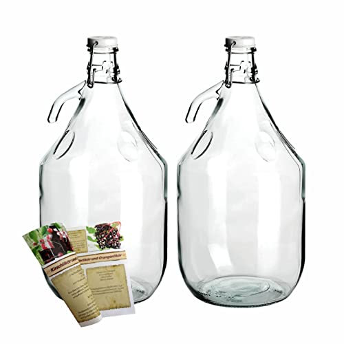 gouveo Juego 2 botellas de vidrio de 5 L con tapa abatible y asa - Vidrio transparente premium vino y jugos - botella de almacenamiento, 5.000 Ml (GA5000)