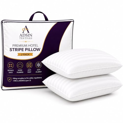 adsin Hotel Quality 2-Pack Stripe Pillows Soft Hollowfibre Pillows Rapid Rebound & Dust Proof Supportive for Back, Stomach & Side Sleepers, Hypoallergenic, Standard Size Bed Pillows