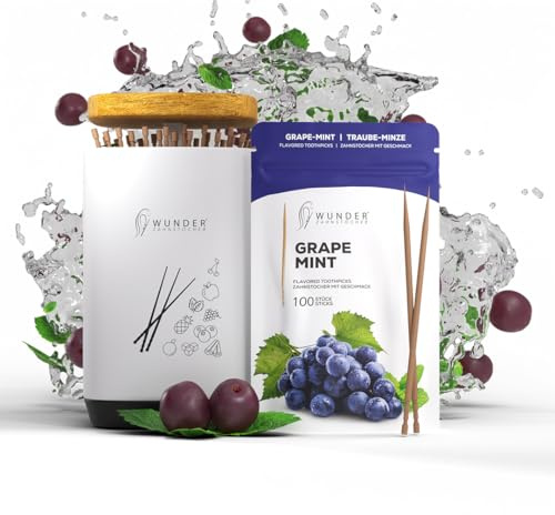 Distributore di stuzzicadenti - Distributore con funzione easy-lift - Porta-stuzzicadenti + 1 confezione (100 stuzzicadenti) - Stuzzicadenti aromatizzati (uva/menta)