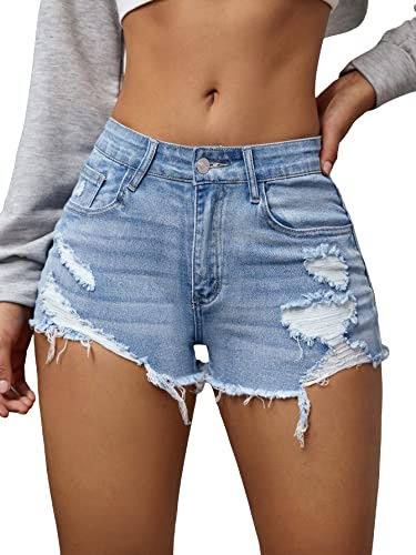 GORGLITTER Women's High Waist Ripped Raw Trim Denim Shorts Stretch Summer Casual Straight Leg Jean Shorts Light Blue S
