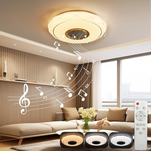 EXTRASTAR Plafoniera LED con Altoparlante Bluetooth，48W Dimmerabile Lampada con Telecomando，Ø41CM Moderna plafoniera Musicale Soffitto per Camerette, Letto, Soggiorno, Bagno, Camera
