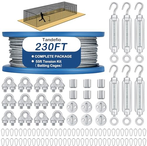 Tandefio Batting Cage Netting Wire Tension Kit Batting Cage Suspension Net Hanging Kits Ideal for Baseball and Softball Hitting Tunnels (55 ft)
