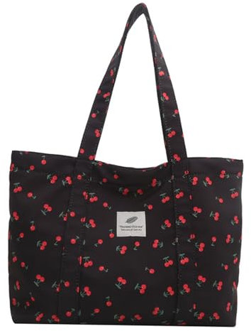 CXINLky Tote Bag Damen Groß Shopper Tasche, Lässige Tragetasche mit süßem Kirsch-Erdbeer-Druck, Nylon Große Kapazität Schultertasche Strand Tasche, Beach Bag Badetasche-Kirsche-Schwarz