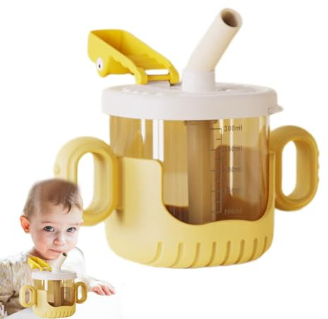 Vaso con pico para niños, taza con pajita | Vaso fácil de agarrar, vaso de silicona con boquilla, escala transparente, dos asas y tapa, vaso a prueba de fugas para