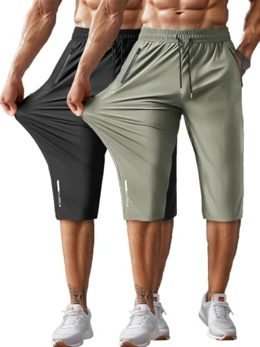 Hidkat herr 3/4 capribyxor under knälånga shorts, 2-pack svart/kaki, L