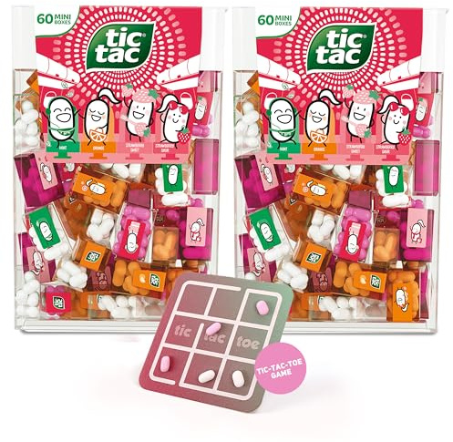 Tic Tac Strawberry Mix Lot de 2 – 60 Mini-Boîtes par Pack (4 Saveurs) + Jeu de Morpion – 120 Mini Bonbons pour Anniversaires, Sachets Cadeaux, Bars à Bonbons & Fêtes d’Enfants