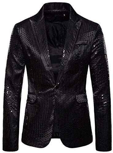 Generisch Blazer à Paillettes pour Hommes, Veste à Glitzer, Sakko pour Mariage et Fête, Slim Fit, Anzugjacke avec Un Bouton, Outfits pour Nouvel An et Disco, O Noir., S