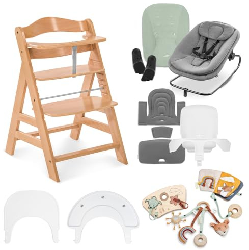 hauck Chaise Haute Bébé Bois Alpha Start N Grow Set, Natural Dark Grey | Set complet avec siège nouveau-né, réducteur, coussin, tablette repas, plateau de jeu, dès la naissance jusqu'à 90 kg
