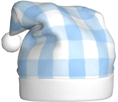 Woshuwo Sombrero de Papá Noel de acuarela a cuadros azul claro y blanco suave para adultos, gorro de Navidad novedoso