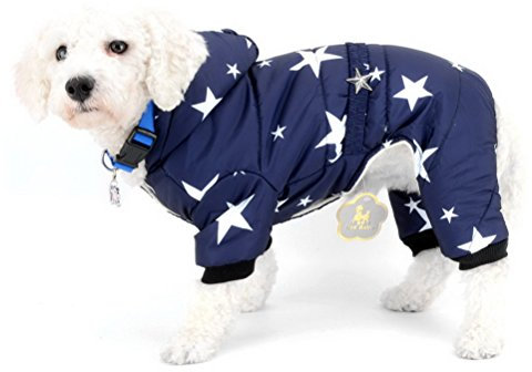 Zunea Wintermantel für kleine Hunde mit Kapuze, Fleecefutter und Sternengürtel Wasserdicht Schneeanzug warm Hundebekleidung Kapuzenpullis Overall für Katzen Welpen Chihuahua Blau XL