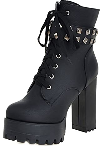 Cocey Damen Stiefeletten mit Absatz Nieten Plateau Ankle Boots (Black, 45 EU)