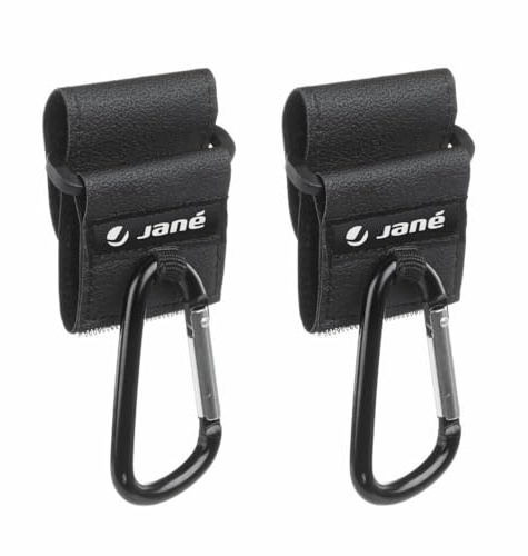 Jané Moschettoni per manubrio del passeggino, ganci, confezione da 2 pezzi, regolazione universale, molto resistenti per appendere borse della spesa, sacchetti, accessori