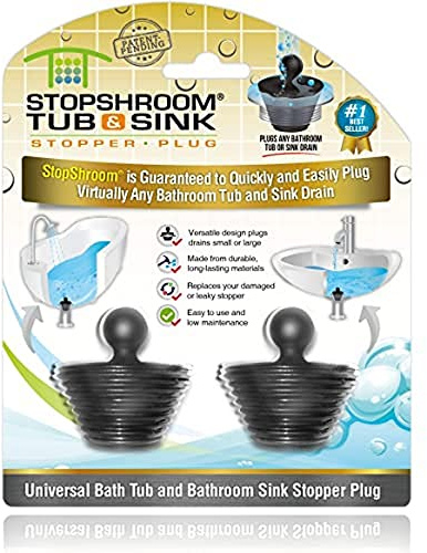 StopShroom Tub 2 Pack Universal Stopper for Bathtub and Bathroom Sink Drains, Black Plug 2pk, 2 Count