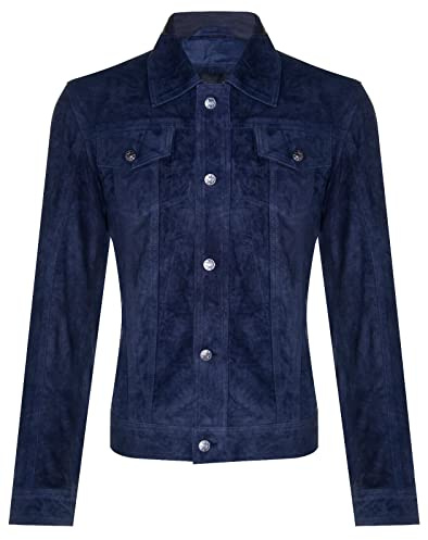 Infinity Leather Chaqueta Vaquera Azul Marino de Ante de Cabra Para Hombre, Camionero Informal, Camisa de Cuero Vaquero