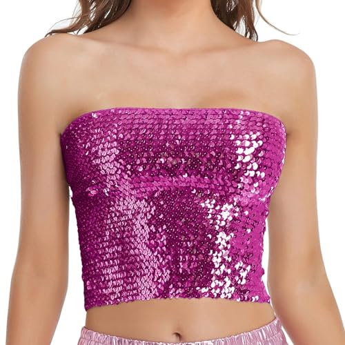 LOIJMK Top bandeau pour femme - Paillettes funky - Débardeur sexy à la mode - Chemisier festif pour femme - Costume de carnaval - Camisole - Sans bretelles - Ventre nu, rose, taille unique
