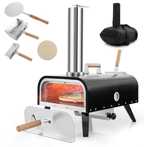 COSTWAY Outdoor Pizza Oven, Multi-Fuel Rotatable Pizza Maker with 30cm Pizza Stone, Thermometer, Pizza Peel and Carry Bag, Stainless Steel 3-Layer Pizza Grill