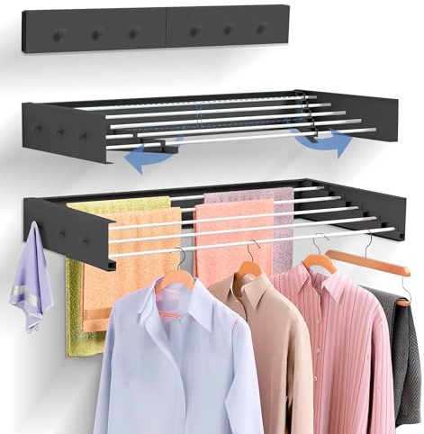 JUPPLIES Tendedero Extensible Pared Plegable - Tendedero Retráctil Invisible con 5 Barras de Aluminio para Interior o Exterior - Ahorra Espacio con Diseño Compacto (Negro (+Ganchos), 80)