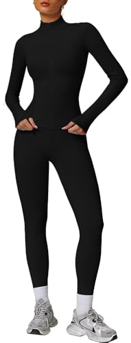 JN JANPRINT Tuta sportiva da donna, set da 2 pezzi, per palestra, yoga, top con zip a maniche lunghe, leggings da allenamento, abbigliamento fitness, Nero , XS