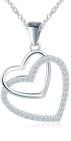 MICGIGI Collana da donna in argento sterling 925, con doppio cuore, a forma di cuore, con zirconi cubici, argento