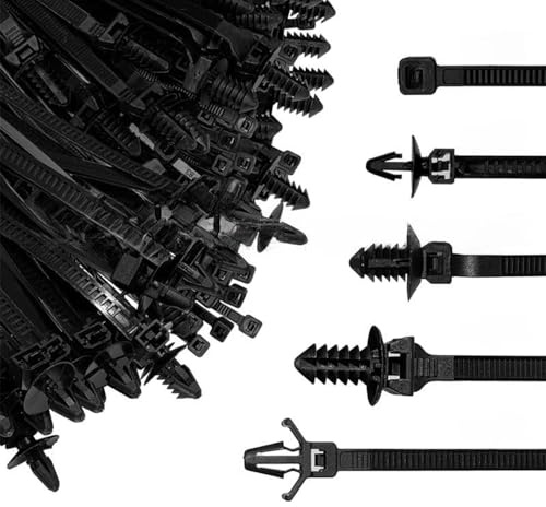 Sarini 160 Bridas universales de Nailon para Montaje a presión para arnés de cableado de Coche, 5 tamaños, Color Negro