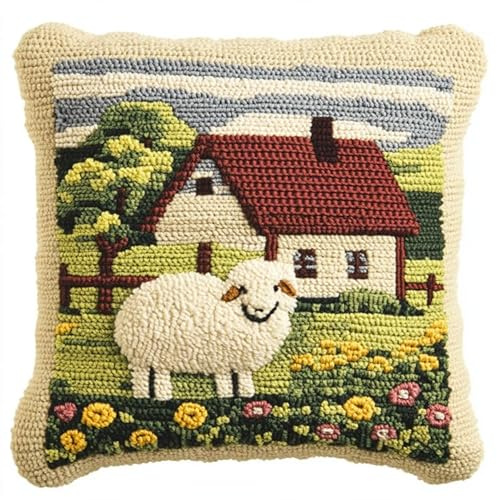 WallustrioaW Paesaggio rurale kit gancio di chiusura cuscino,Pecora animale,DIY Cuscini Artigianali Kit Ricamare Cuscini Federa per Cuscino per Divano per Adulti e Principianti,43x43cm