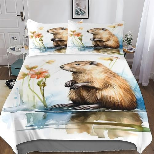 Beaver Duvet Cover Set, Bedding Linen Set, Soft Comforter Cover 3 Pieces, Quilt Cover with Pillowcase for Kids Adult King(220x240cm)
