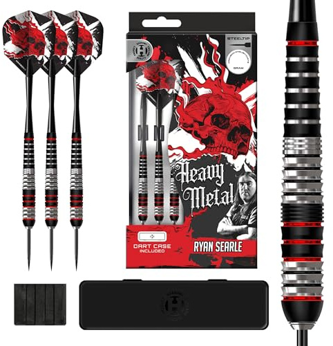 Harrows Ryan Searle Heavy Metal Stainless Steel Darts Set in 22g, 24g or 26g – Includes Speedline Shafts, 100 Micron Flights & Dart Case – Durable Steel Tip Darts for All Players (26g)