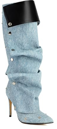 Generico Donna Sexy Tacco Alto Stivali Lunghi Punta Appuntita Stivali al Ginocchio Denim Stival da Casual con Borchie,Blu,46 EU