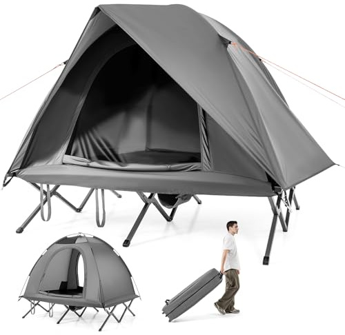 COSTWAY 2 Person Foldable Camping Tent, Elevated Tent Cot with Camping Bed, Waterproof Rainfly, 2 Mesh Doors and Wheeled Bag, Portable Outdoor Dome Tent