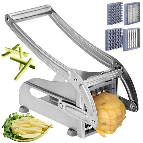 MIUUIPI Pommesskärare rostfritt stål, potatisskärare skivor med 2 bladstorlekar (36/64 rutnät) och halkfri gummibas, pommes frites skärare för hela potatis, lök