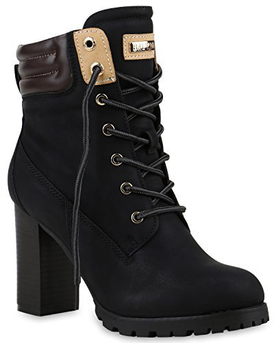 Damen Worker Boots Stiefeletten High Heels Outdoor Booties Schnürstiefeletten Wildleder-Optik Schuhe 128479 Schwarz Gefüttert 36 Flandell