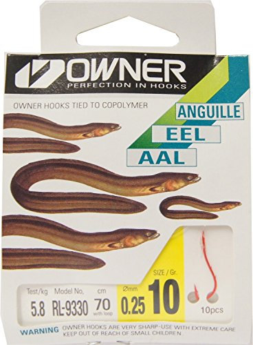 Owner Aalhaken gebunden, Vorfachhaken für Aale, Angelhaken Monofiles Vorfach 70cm, Größe 10, Haken zum Aalangeln, Wurmhaken mit 2 Widerhaken, rot, Tragkraft 5.8kg, 0.25mm, 10 Haken pro Packung