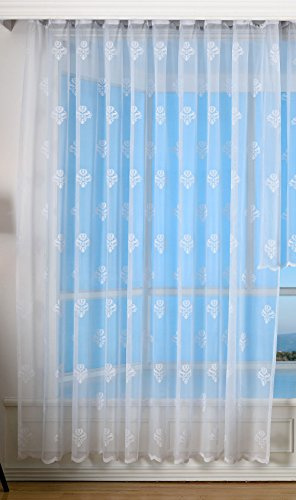 Jacquard Bogenstore Gardine, 245x300, Barock Blumenmuster Weiß Kräuselband Universalband Faltenband Store, 13142