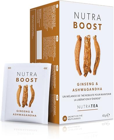 Nutra Tea NUTRABOOST, el té Ashwagandha ayuda a optimizar la resistencia física y emocional, actúa como resistente al estrés y promueve la concentración, 60 bolsas de té reutilizables, té sin estrés