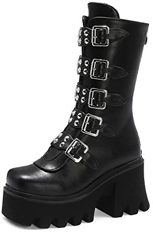 YIYA Women's Black Platform Goth Boots Studded Wide Mid Calf Combat Punk Boots Round Toe Buckle Chunky Heel Back Zipper Thick Sole Ankle Booties