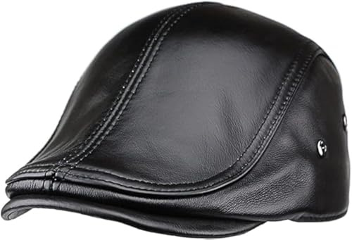 Men's Genuine Cowhide Newsboy Cap Leather Hat Adjustable Beret Caps Classic Golf Flat Ivy Cap Gatsby Driving Fishing Hat (Black)