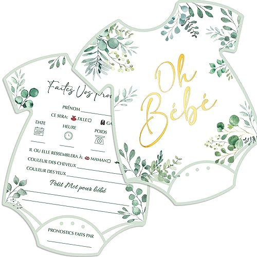 GEBETTER 20Pcs Carte Pronostic Baby Shower Français en Forme de Grenouillère Jeu Naissance Gender Reveal Fête Prénatale Cadeau pour Bébé Fille Garçon Future Maman